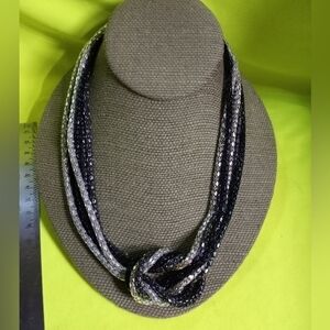 Two tone black silvertone mesh multi layer knot necklace